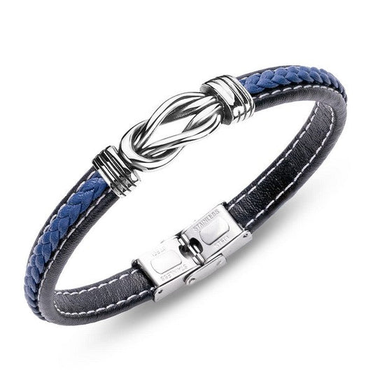 Bracelet homme acier entrelacé cuir bleu