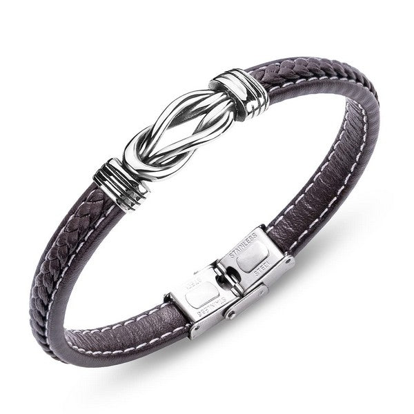 Bracelet homme acier entrelacé cuir marron