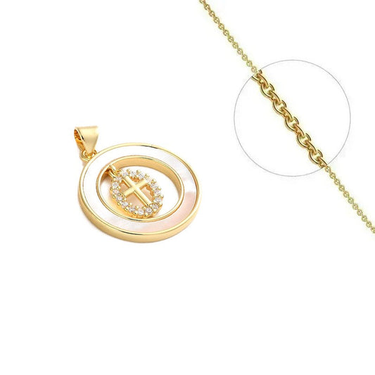 Collier doré chaîne et pendentif religieux zirconiums blancs sertis entouré de nacre