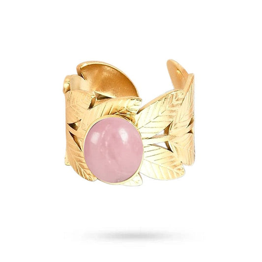 Bagues pour femme acier inoxydable feuille pierre naturelle rhodonite