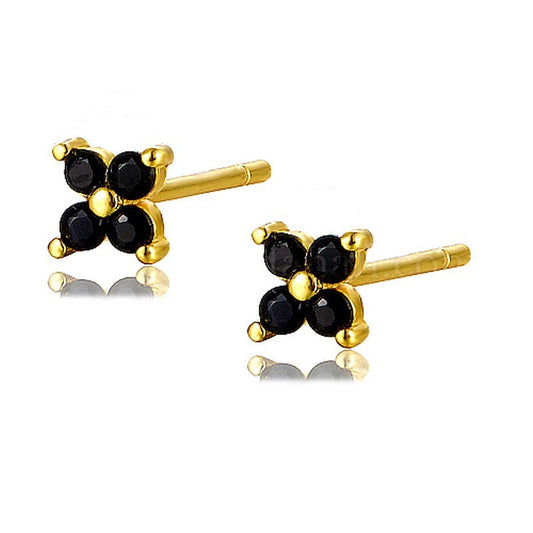 Boucles d'oreilles argent 925 or fleur diamant CZ noir