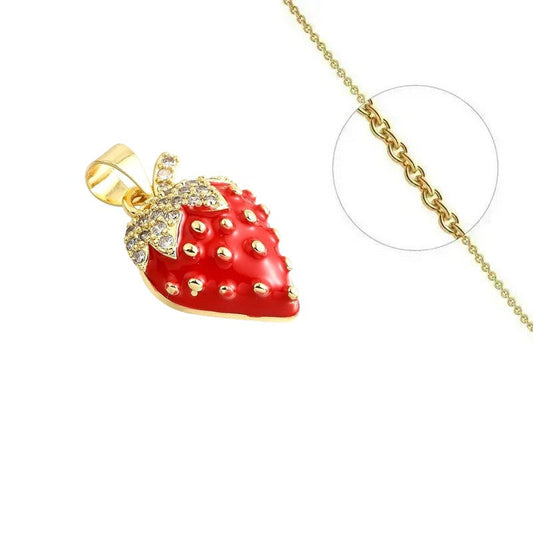 Collier doré chaîne et pendentif fraise orné de zirconiums sertis