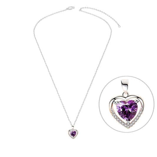 Collier argent 925 pendentif cœur orné de zirconiums sertis et oxyde mauve