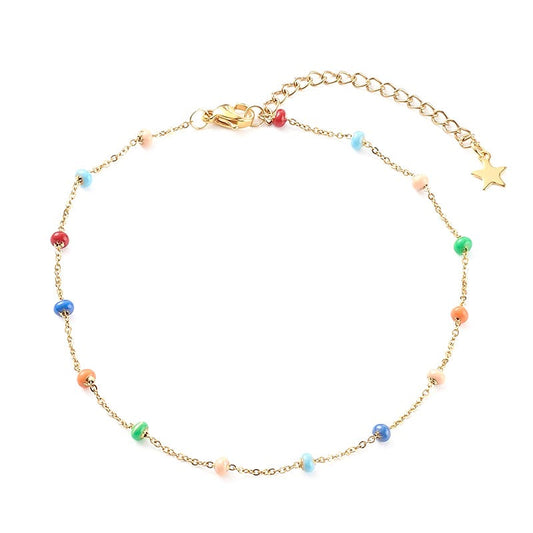 Chaîne de cheville acier inoxydable billes émail colorées
