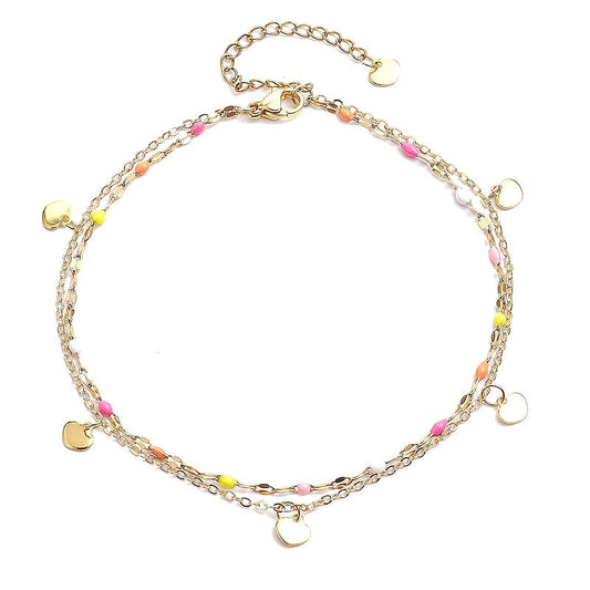 Chaîne de cheville acier inoxydable colorée breloques coeur