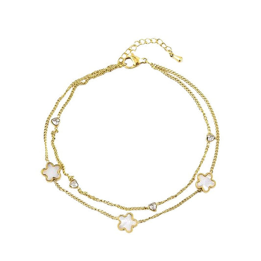 Chaîne de cheville en acier inoxydable double rangs breloque coquille de nacre et zirconiums