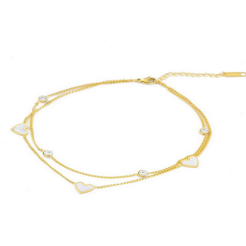 Chaîne de cheville acier inoxydable maille forçat strass et cœurs nacre