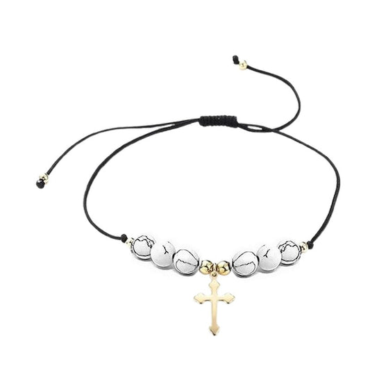 Bracelet fil nylon breloque croix pierre naturelle howlite