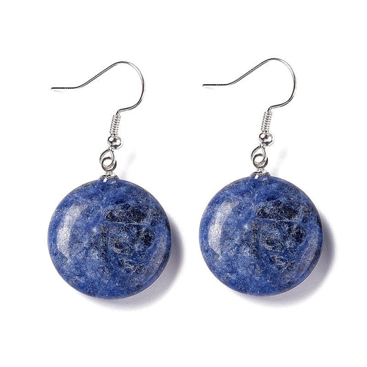 Boucles d'oreilles pendantes acier inoxydable pierres naturelles rondes sodalite