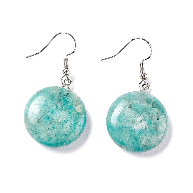 Boucles d'oreilles pendantes acier inoxydable pierres naturelles rondes amazonite