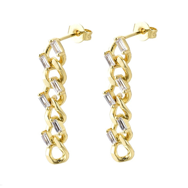 Boucles d'oreilles zirconiums chaîne gourmette or