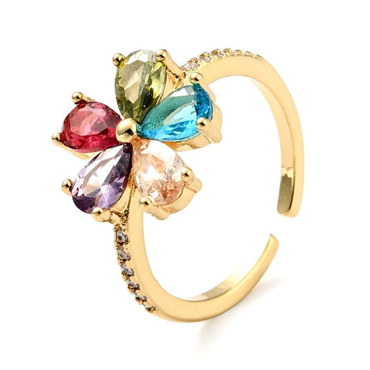 Bague femme réglable fleurs zirconiums couleurs sertis