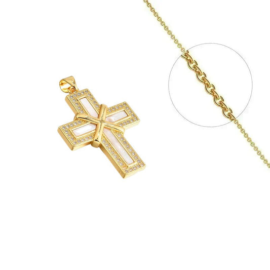 Collier doré chaîne et pendentif croix religieuse nacre orné de zirconiums sertis