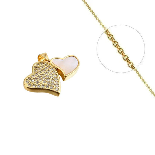 Collier doré chaîne et pendentif double cœur nacre orné de zirconiums sertis