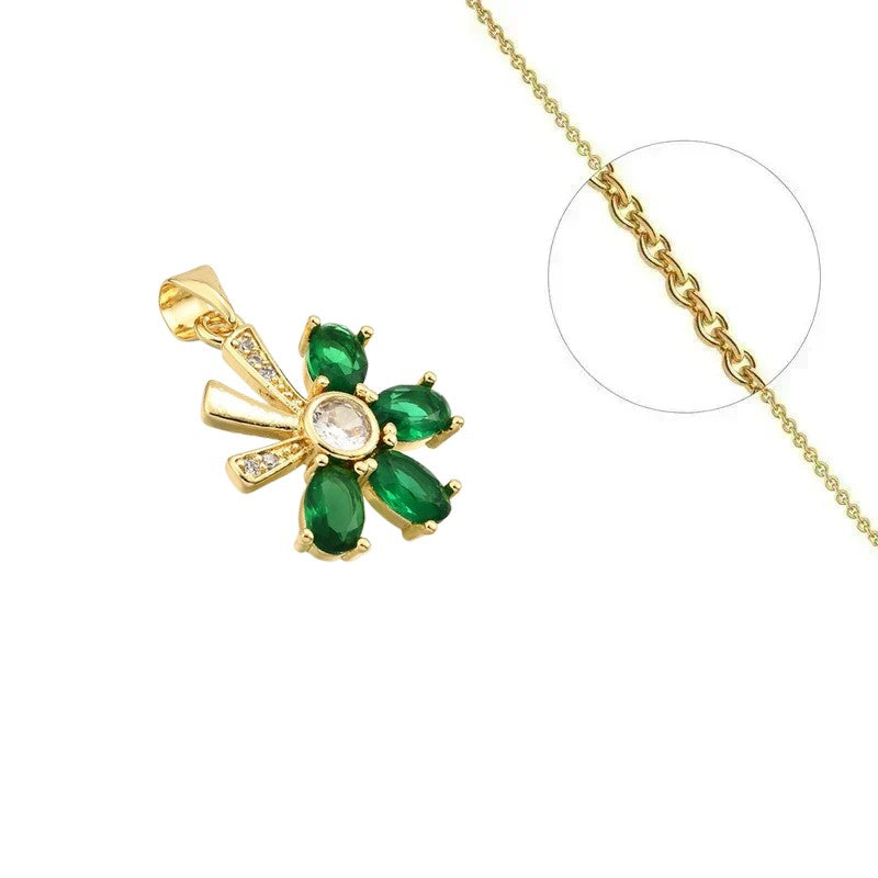 Collier doré chaîne et pendentif fleur verte orné de zirconiums sertis