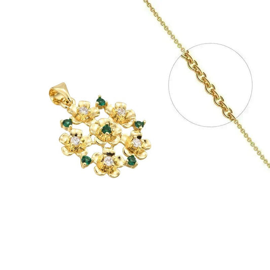 Collier doré chaîne et pendentif multitude de fleurs verte orné de zirconiums sertis
