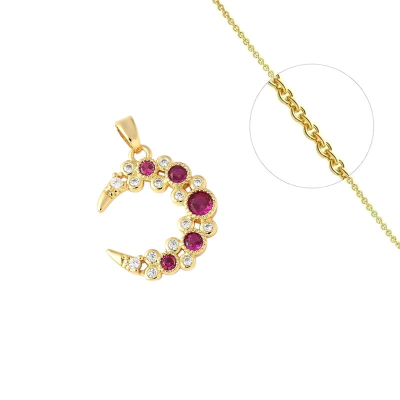 Collier chaîne et pendentif lune rouge zirconiums sertis