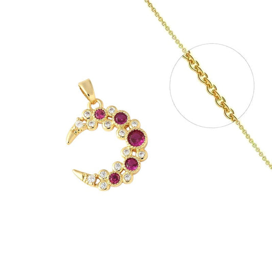 Collier chaîne et pendentif lune rouge zirconiums sertis