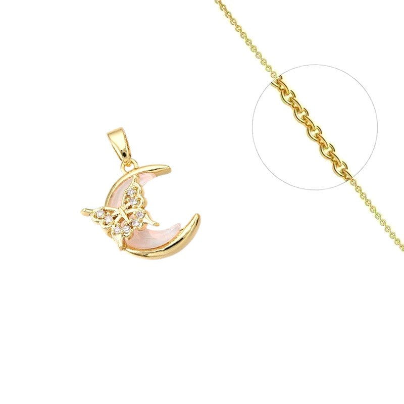 Collier chaîne et pendentif lune avec papillon zirconiums sertis