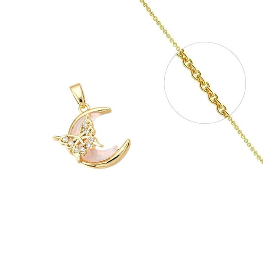 Collier chaîne et pendentif lune avec papillon zirconiums sertis