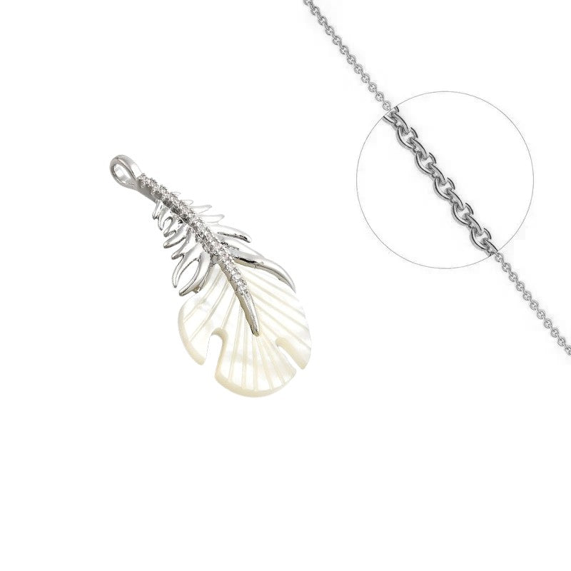 Collier chaîne et pendentif acier inoxydable et nacre plume