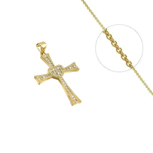 Collier doré chaîne et pendentif croix avec cœur orné de zirconiums sertis