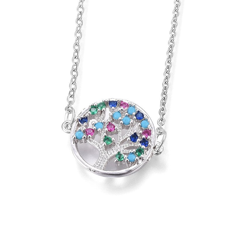 Collier chaîne et pendentif arbre de vie couleurs argenté diamants CZ sertis
