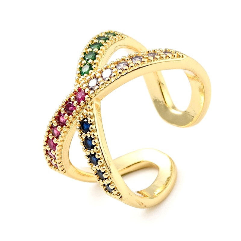 Bague femme réglable entrecroisée diamants CZ couleurs sertis