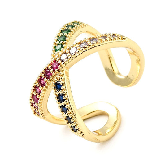 Bague femme réglable entrecroisée diamants CZ couleurs sertis