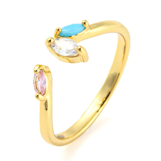 Bague femme réglable 3 zirconiums rose bleu et blanc