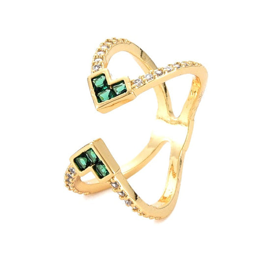 Bague femme réglable ornée de zirconiums vert et blanc sertis