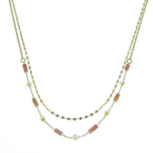 Collier acier inoxydable breloques pierre naturelle rhodonite et nacre