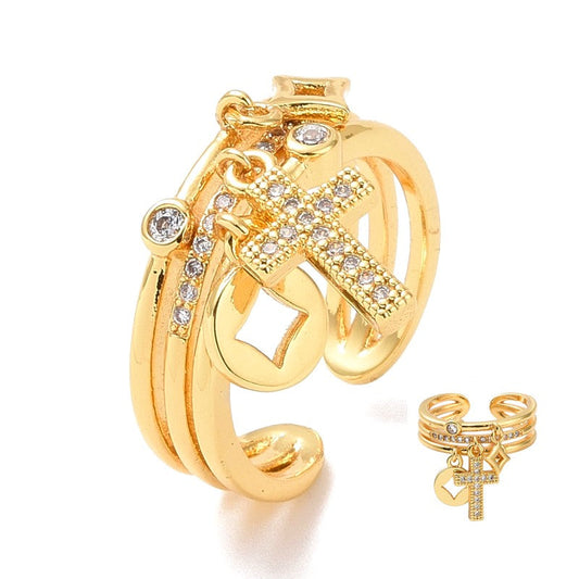 Bague femme réglable breloques croix religieuse