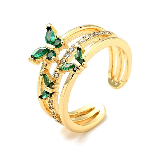 Bague femme réglable papillons diamants CZ vert
