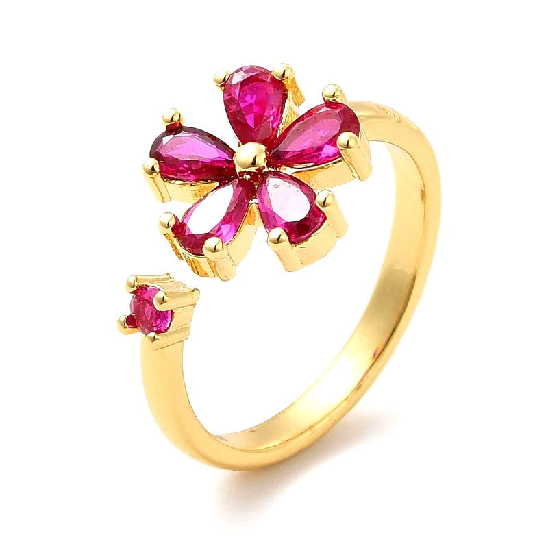 Bague femme réglable fleur diamants CZ couleur