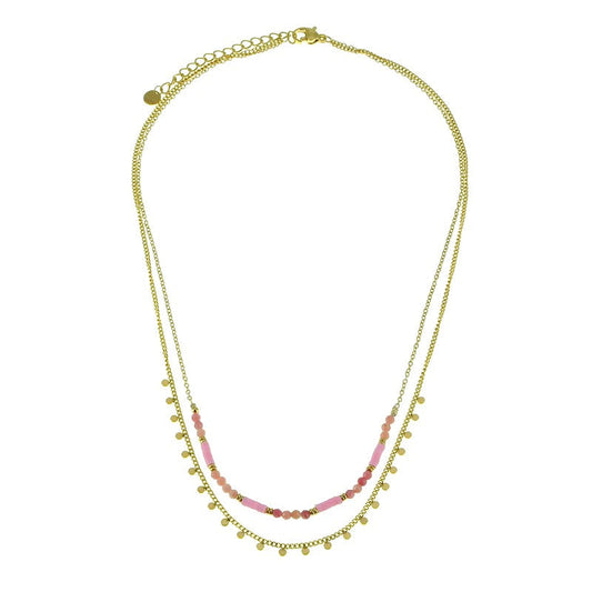 Collier acier inoxydable breloques pierre naturelle rhodonite