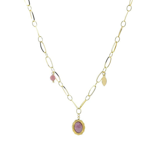 Collier acier inoxydable chaîne trombone pierre naturelle rhodonite
