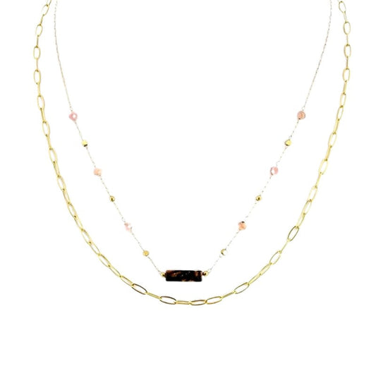 Collier acier inoxydable chaîne trombone pierre naturelle rhodonite