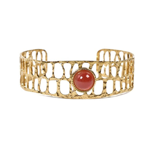 Bracelet femme - jonc Marie acier inoxydable pierres naturelles agate rouge