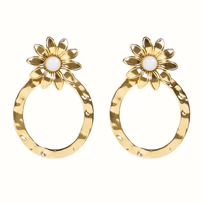 Boucles d'oreilles pendantes Fleur acier inoxydable pierres naturelles agate blanche