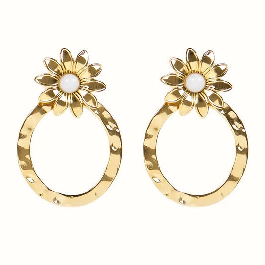 Boucles d'oreilles pendantes Fleur acier inoxydable pierres naturelles agate blanche