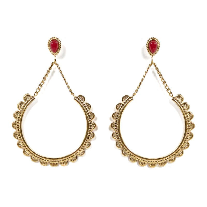 Boucles d'oreilles pendantes Anaé acier inoxydable pierres naturelles agate rouge