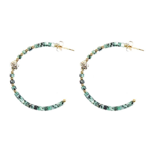 Boucles d'oreilles pendantes demi Créoles acier inoxydable pierres naturelles turquoise d'Afrique
