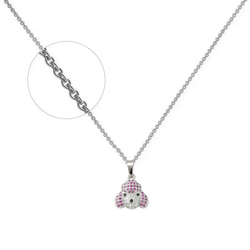 Collier rhodié chaîne et pendentif petit caniche orné d'un zirconiums rose sertis