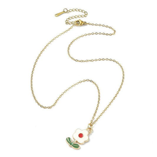Chaîne collier acier inoxydable fleur blanche