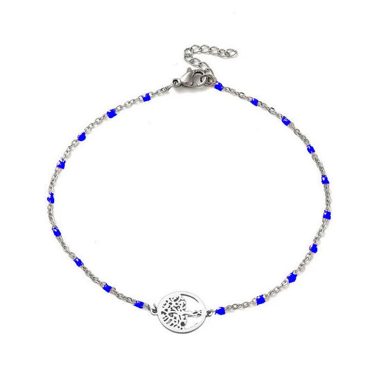 Chaîne de cheville acier inoxydable maille forçat bleu nuit arbre de vie