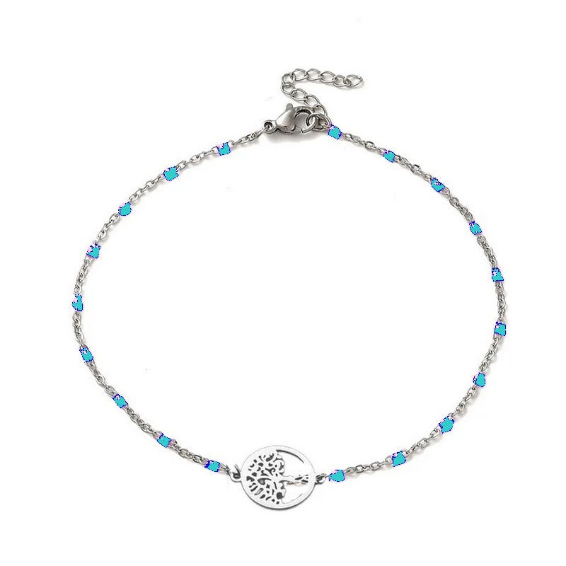 Chaîne de cheville acier inoxydable maille forçat bleu arbre de vie