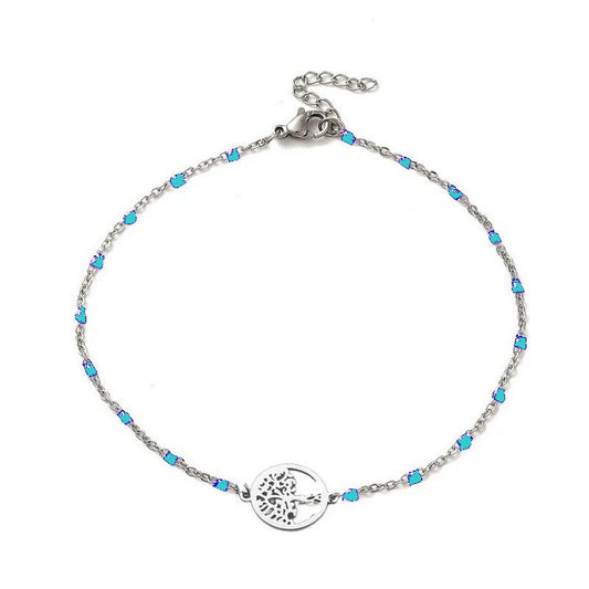 Chaîne de cheville acier inoxydable maille forçat bleu arbre de vie