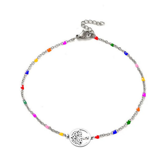 Chaîne de cheville acier inoxydable maille forçat multi color arbre de vie