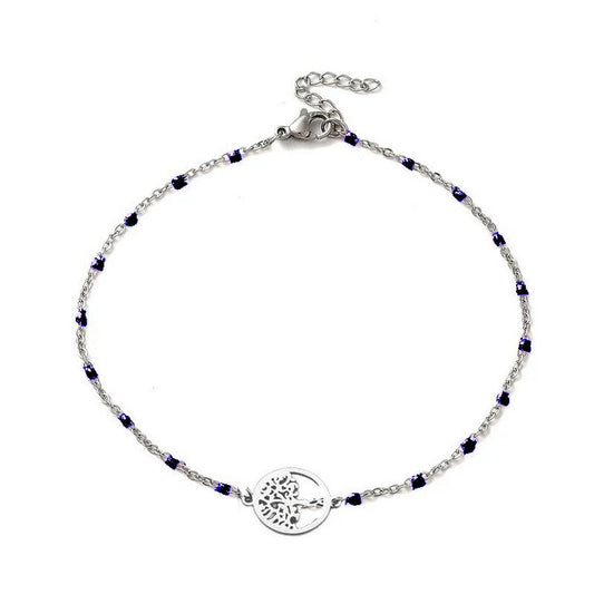 Chaîne de cheville acier inoxydable maille forçat noir arbre de vie